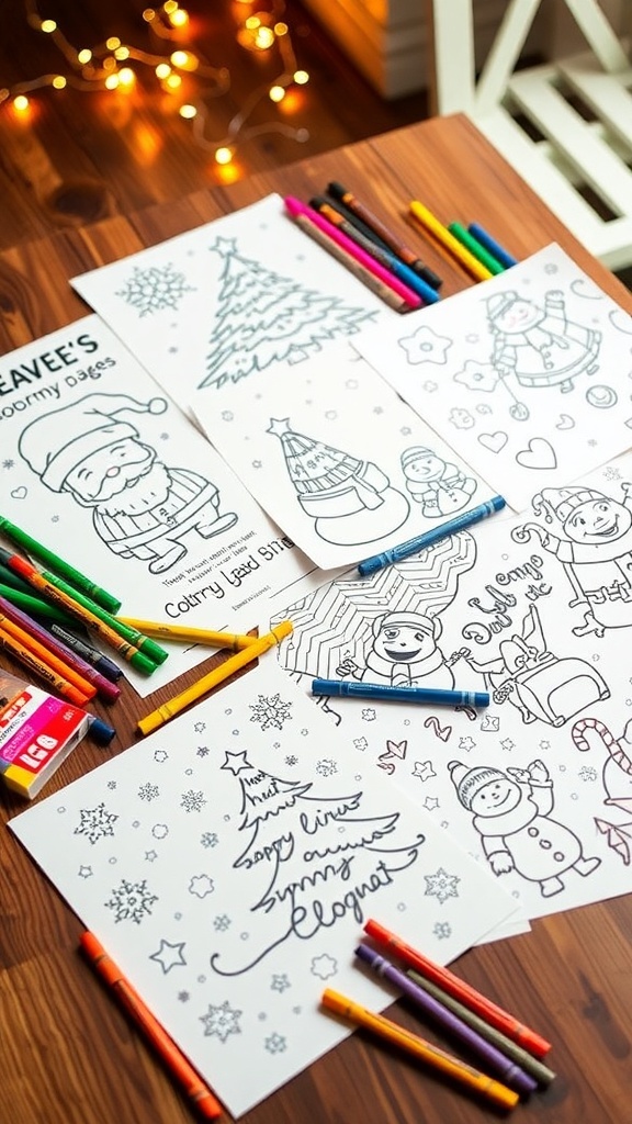 A variety of Christmas coloring pages featuring festive designs on a wooden table with crayons and holiday lights.